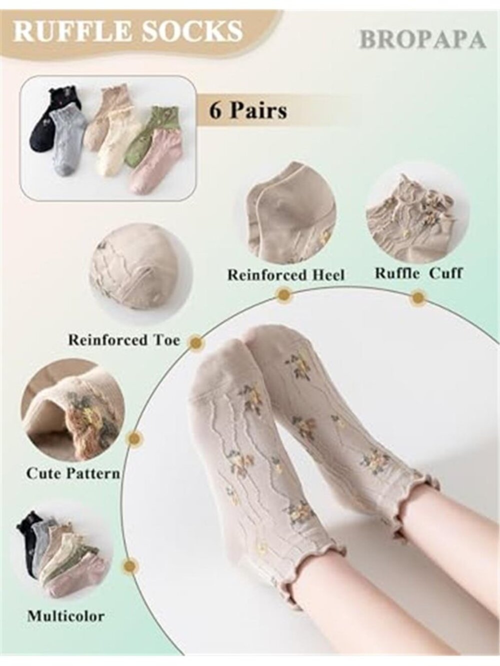 Women‘s Ruffle Ankle Socks,Vintage Patterned,Short Casual Dress Sock,Cute - Picture 3 of 6
